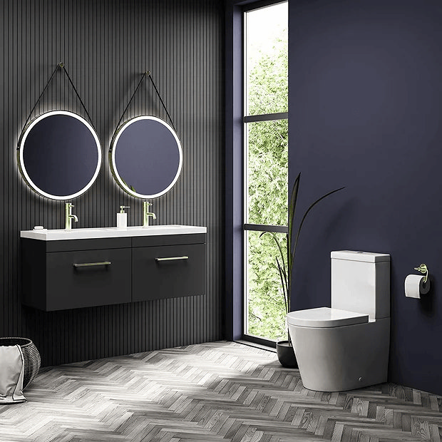 Black vanity unit in black and navy bathroom