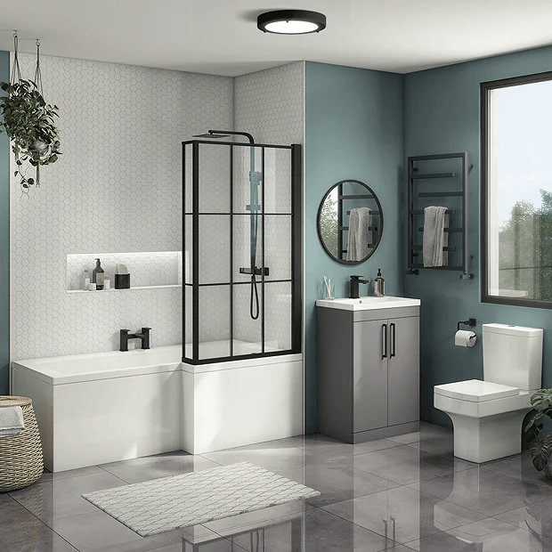 Contemporary L-Shaped Bath Suite with Grey Vanity Unit