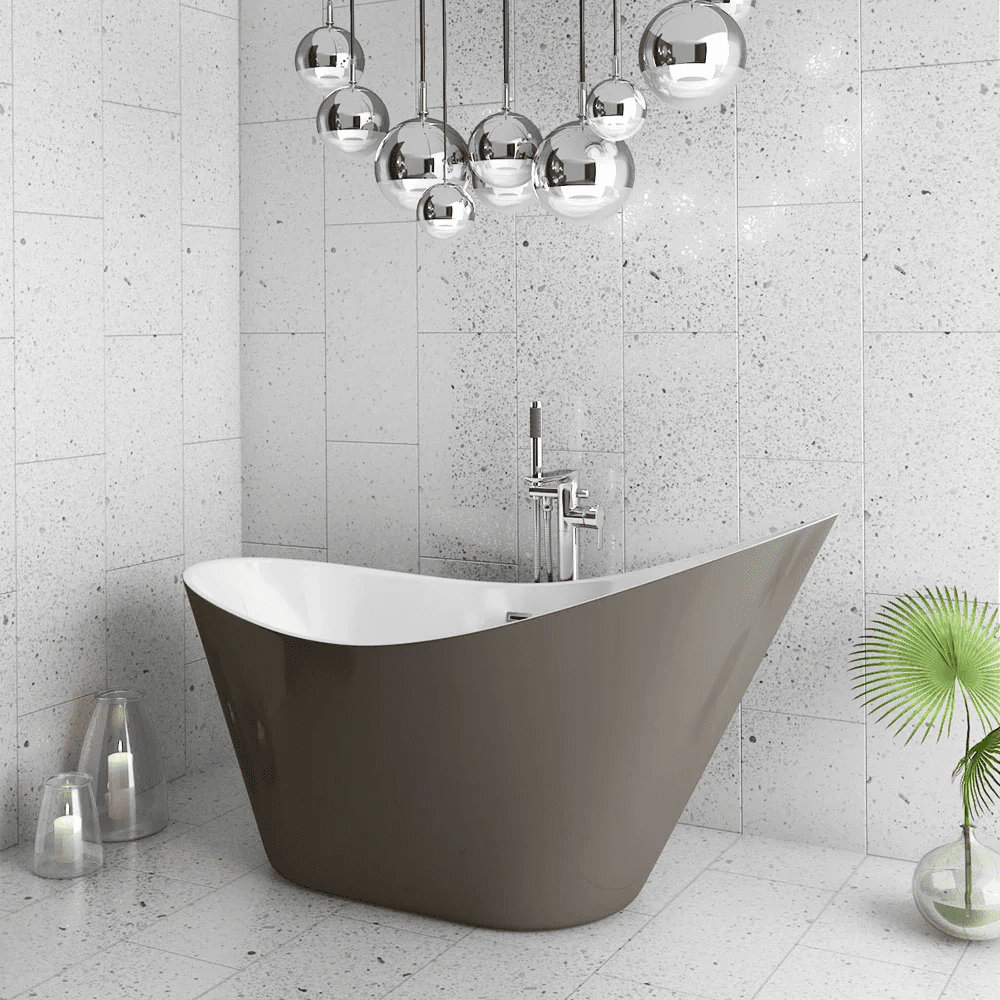 Grey modern slipper bath with modern chrome chandelier