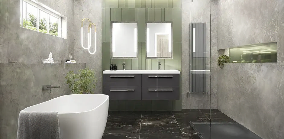 Grey double vanity unit in large bathroom with walk in shower, bath and green wall tiles