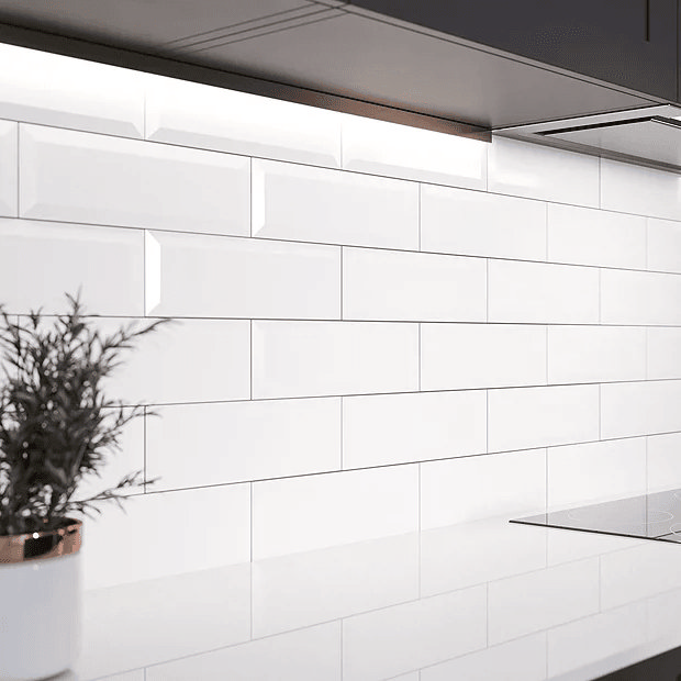 White subway tiles in grey kitchen
