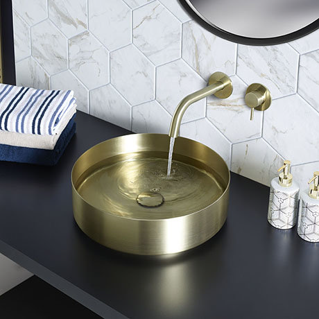 JTP Vos Brushed Brass Round Stainless Steel Counter Top Basin + Waste
