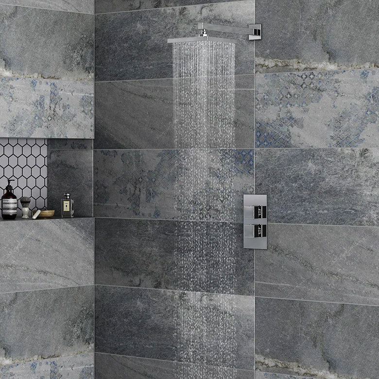 modern chrome luxury rainfall shower in grey bathroom