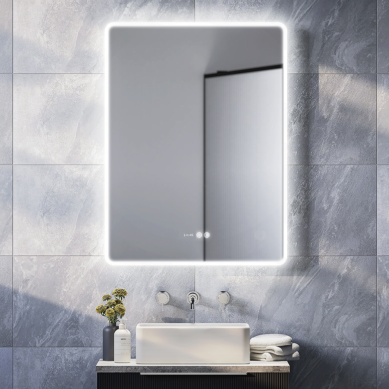 illuminated smart Bluetooth mirror in luxury bathroom design