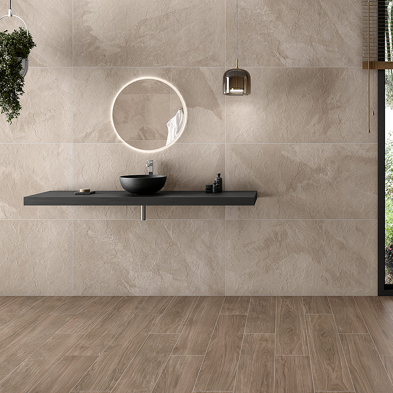 luxurious beige large format bathroom tiles