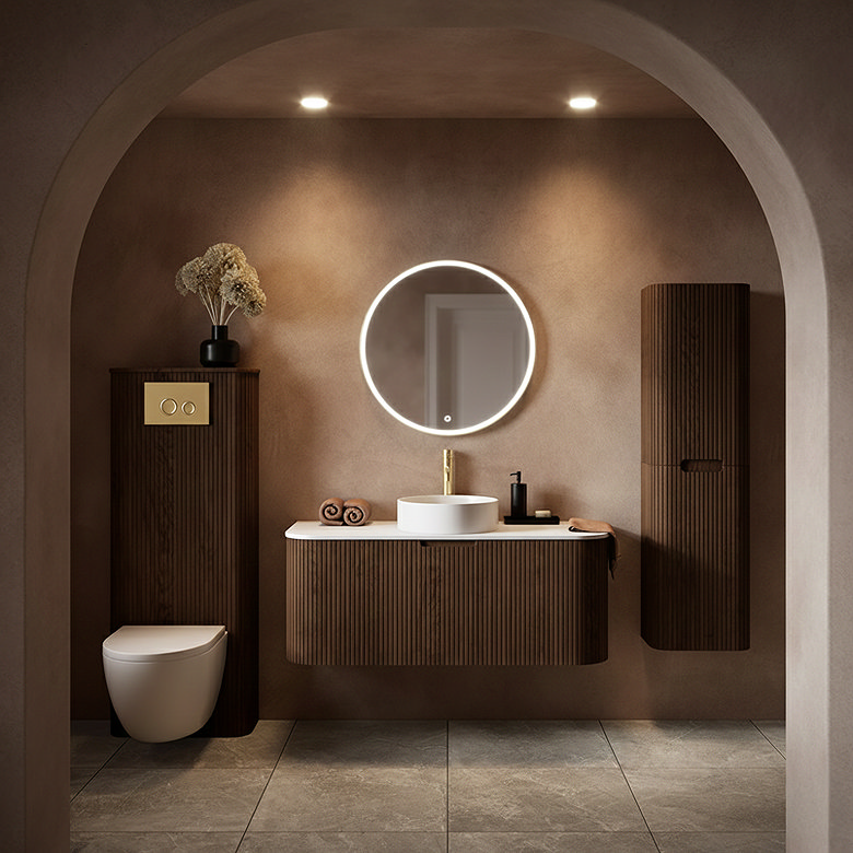 luxury dark walnut wood slatted bathroom furniture