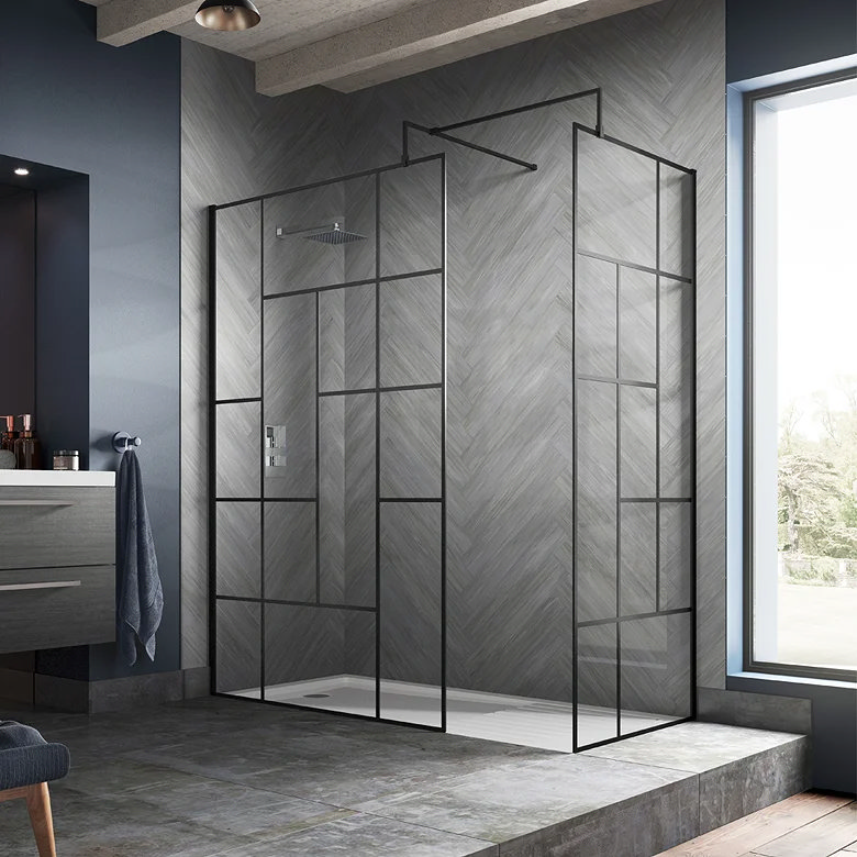 luxurious bathroom with black walk in shower enclosure