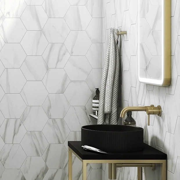 Gatley Hexagon White Marble Effect Tiles
