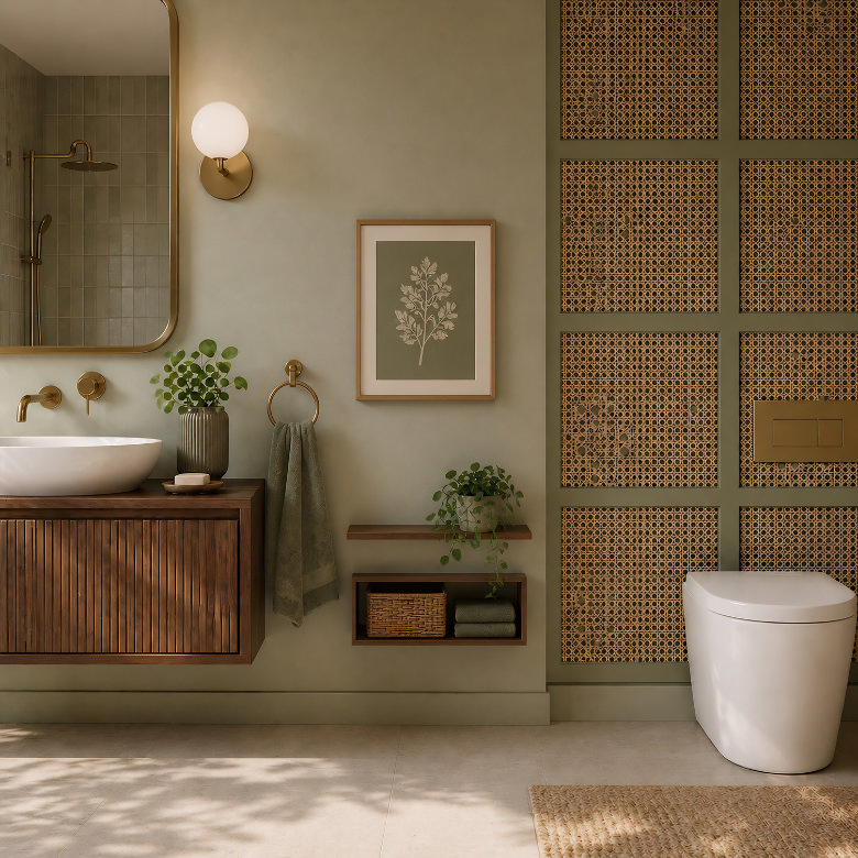 mid century bathroom with cane texture wall, timber cabinet and minimalist brass fittings
