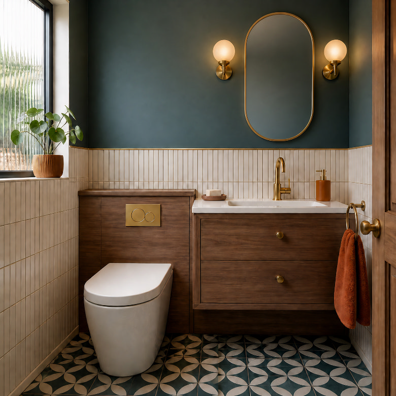 mid century modern cloakroom with dark teal wall, brass taps and patterned tile flooring