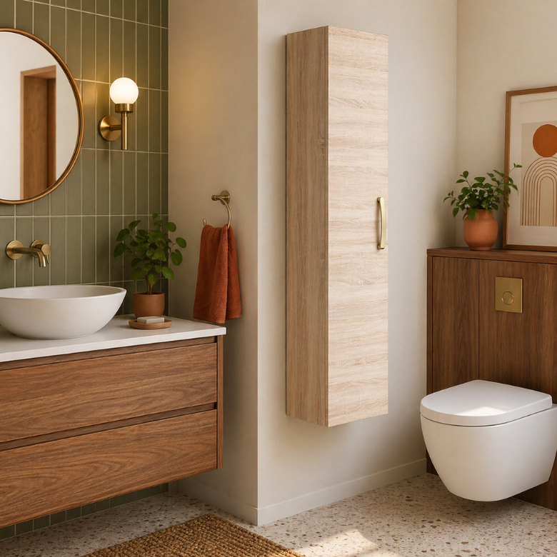 mid century modern bathroom decor with wood storage unit, green tiles and brass wall tap