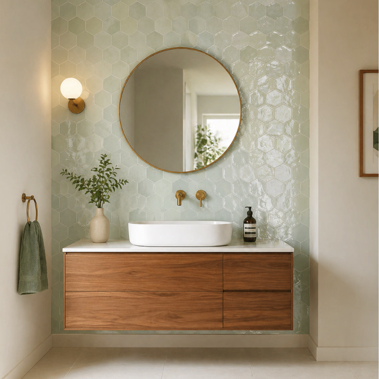 mid century modern bathroom vanity with walnut finish, sage green hexagon tiles and brass wall mounted tap