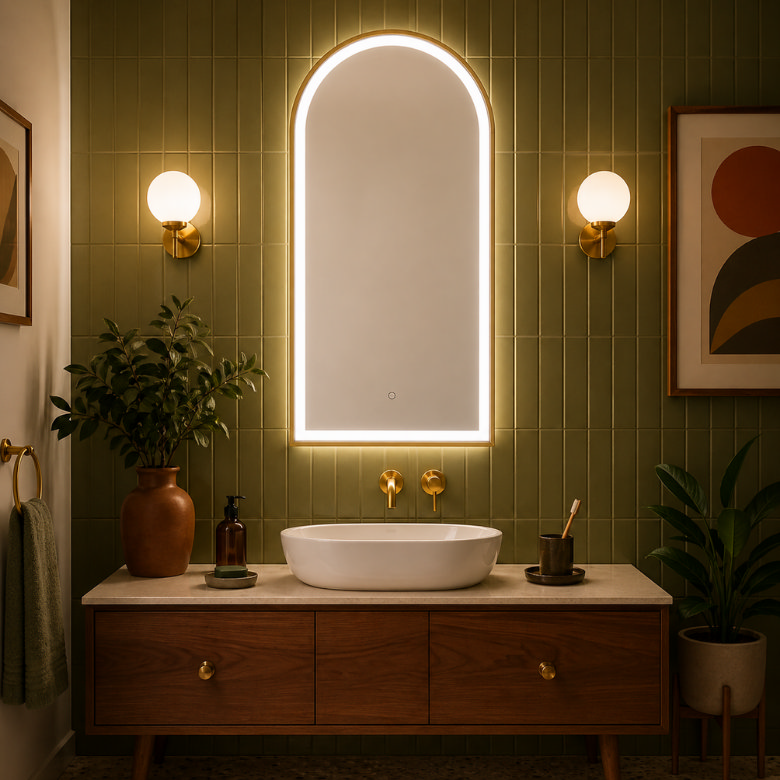mid century modern bathroom vanity with walnut wood cabinet, olive green wall tiles, arched LED mirror and brushed brass wall mounted tap