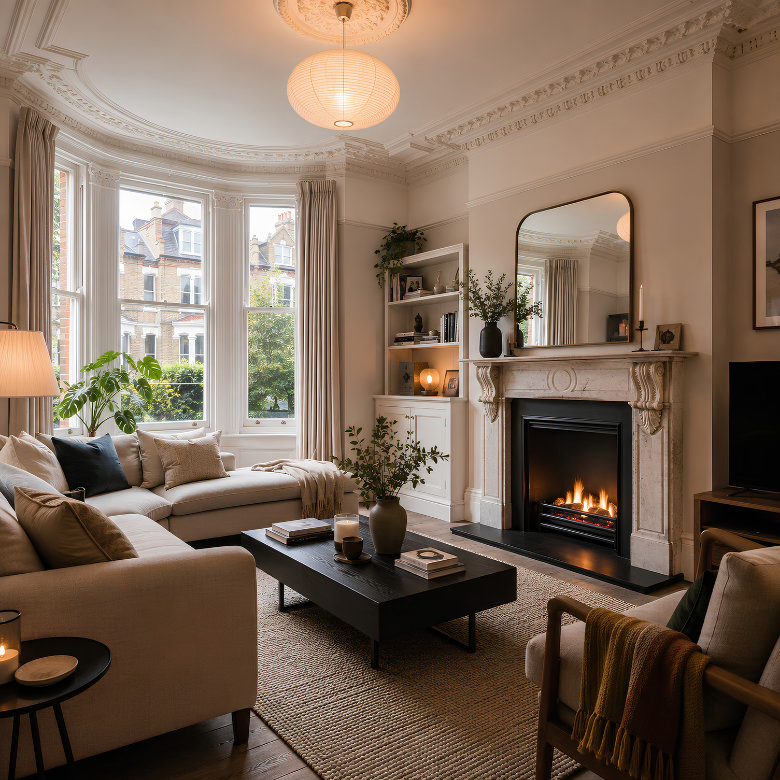 inset gas fire in an original fireplace in a traditional period living room