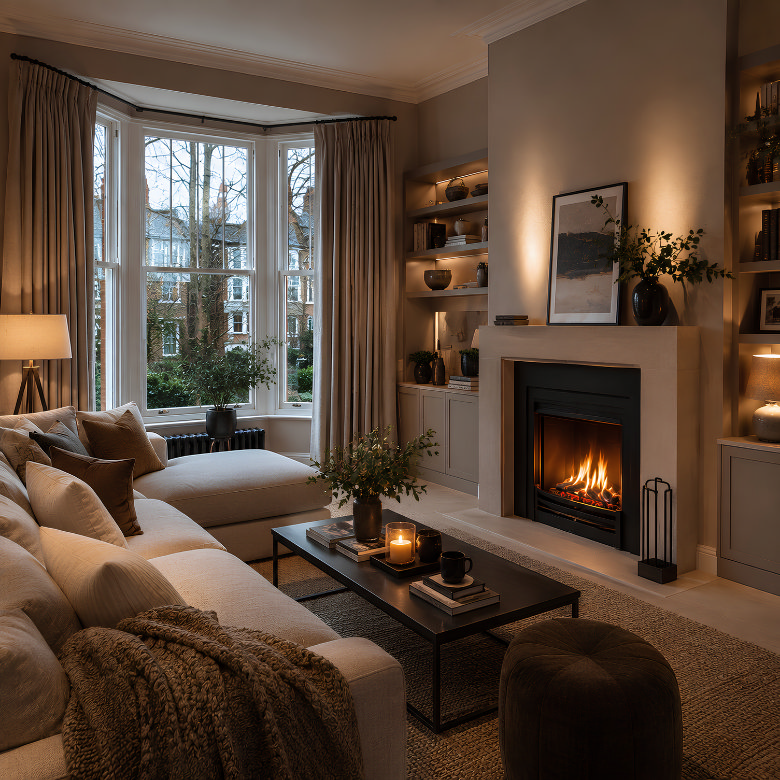 inset gas fire with glowing flames in a traditional living room fireplace