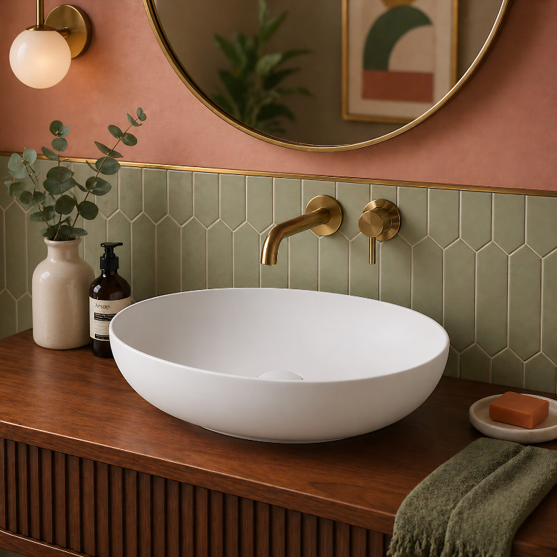 mid century modern bathroom vanity with walnut wood unit, white oval countertop basin, brushed brass wall mounted tap and sage green tiles