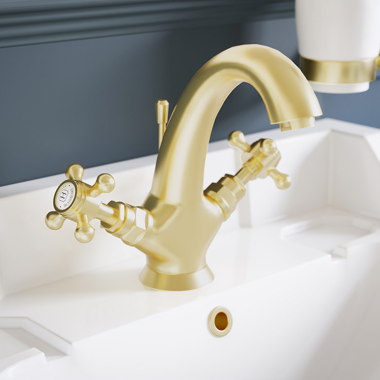 Trafalgar style brushed brass mono basin mixer tap with crosshead handles
