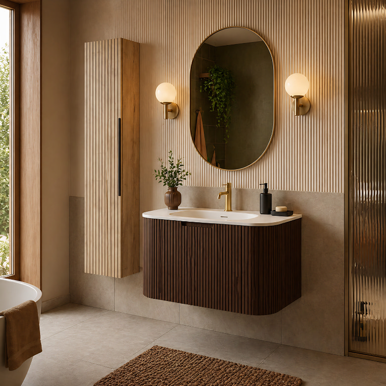 mid century modern bathroom with fluted wood vanity, wall hung cabinet and oval mirror with brass lighting