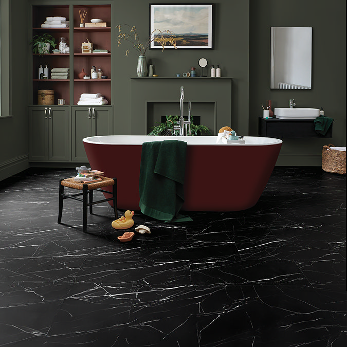 freestanding bath with black marble effect click vinyl floor tiles