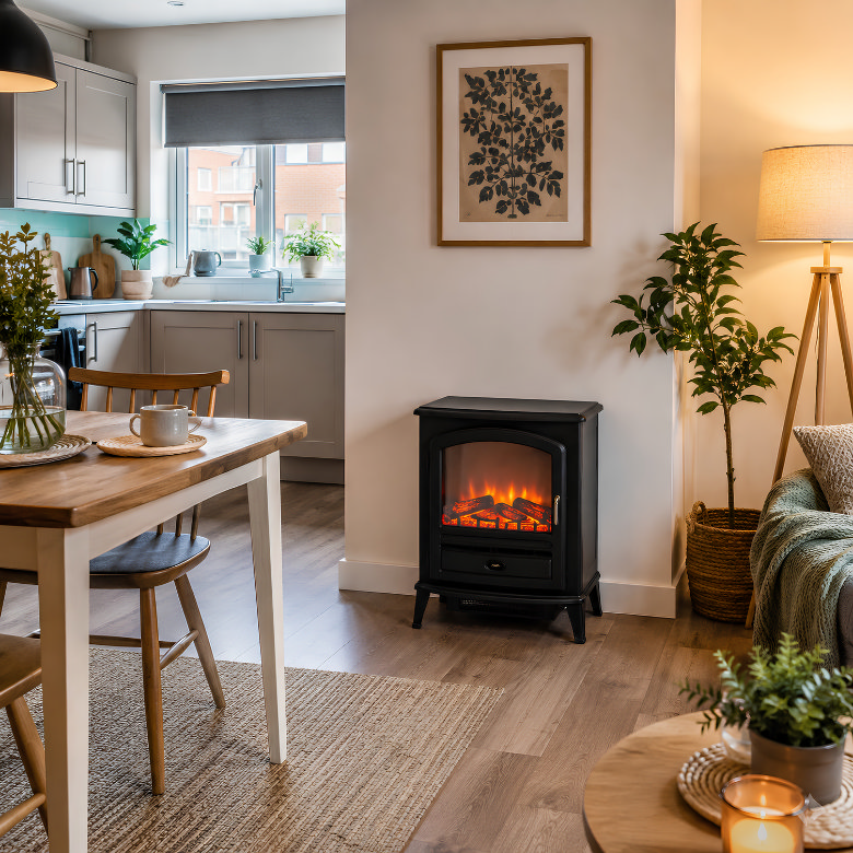 freestanding electric fire in an open plan kitchen and living area