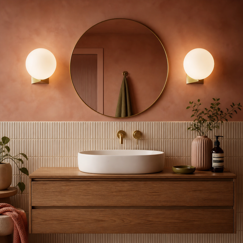 mid century modern bathroom decor with walnut cabinet, globe wall lights and brass fittings