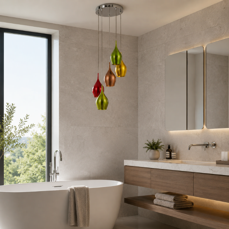 modern bathroom with freestanding bath, concrete effect wall tiles and colourful pendant lighting