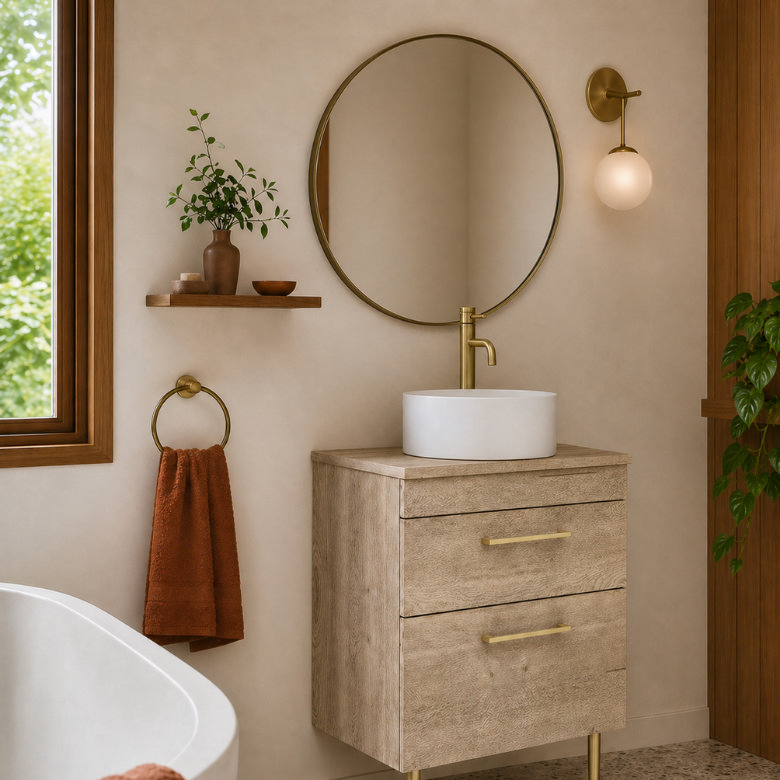 mid century modern bathroom vanity in oak with round basin, brass tap and round mirror