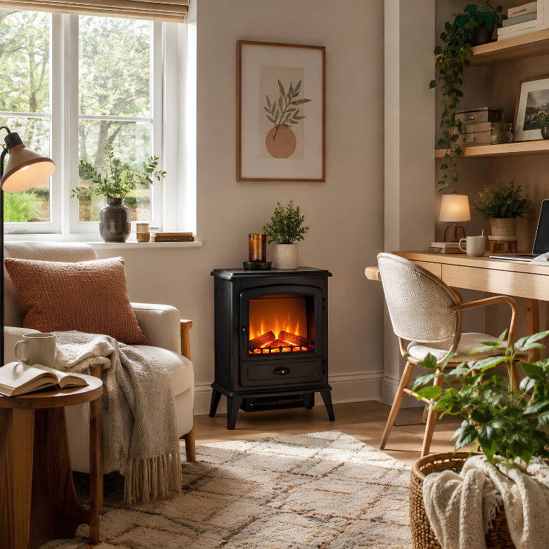 freestanding electric fire with glowing log effect in a cosy home office