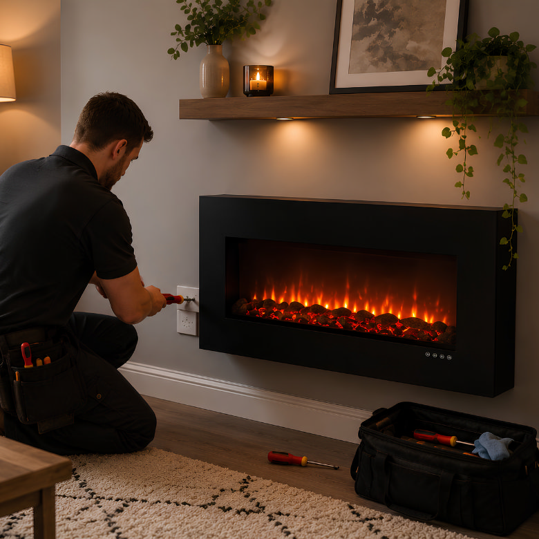 electrician installing a wall mounted electric fire in a living room