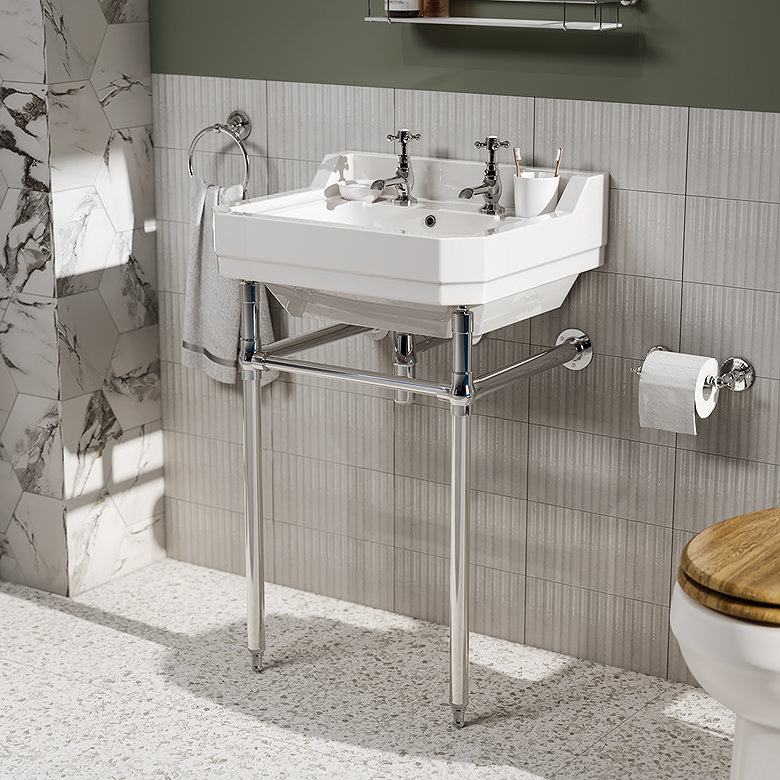 traditional wall hung basin with chrome washstand and crosshead taps on ribbed beige wall tiles