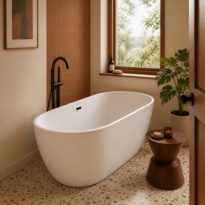 mid century modern bathroom decor with oval bath, black tap 