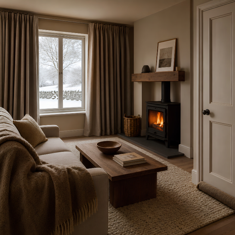gas fire heating a cosy living room on a cold winter day