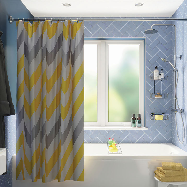 Yellow, grey, and white chevron-patterned shower curtain with bold diagonal stripes, adding a vibrant and modern touch to bathroom decor.