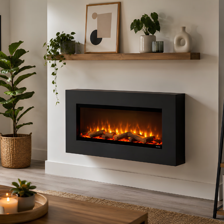 wall mounted electric fire with glowing log effect and modern black surround