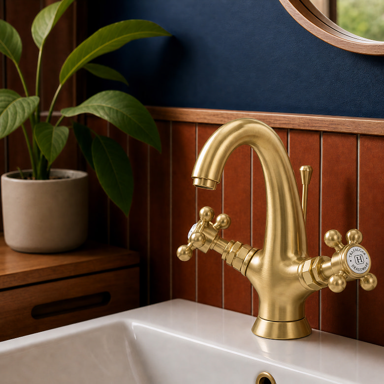 mid century modern bathroom brass crosshead tap with curved spout on ceramic basin and wood panelled wall