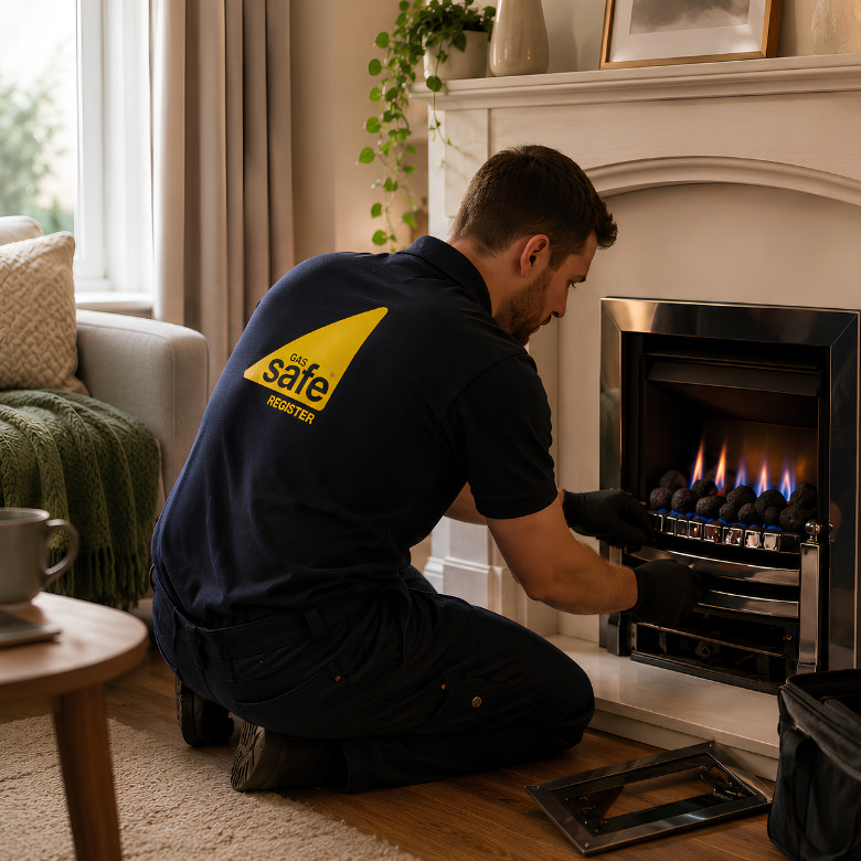 Gas Safe registered engineer servicing a gas fire in a living room