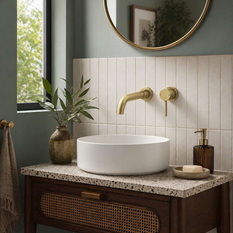mid century modern bathroom vanity with terrazzo worktop, round basin and brushed brass wall mounted tap