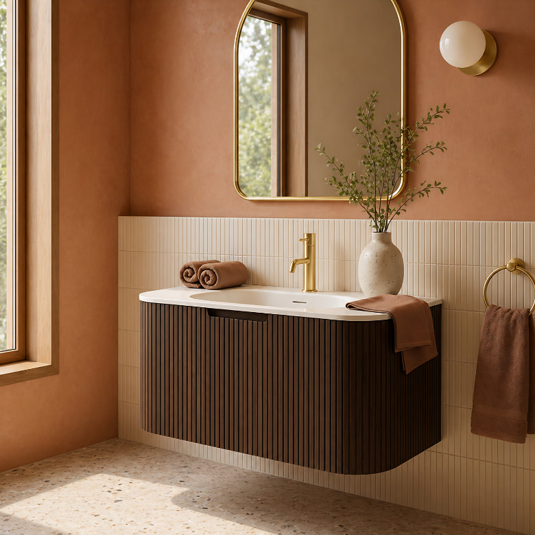 mid century modern bathroom vanity with fluted wood finish, brass tap and terrazzo floor