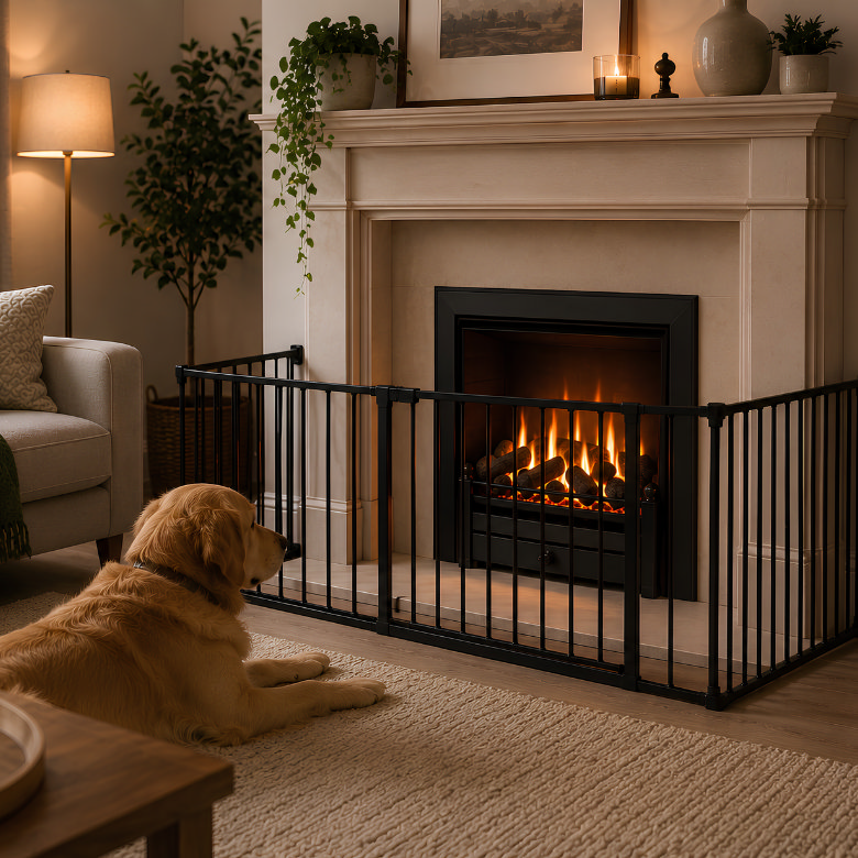 gas fire with safety guard protecting a dog in a family living room