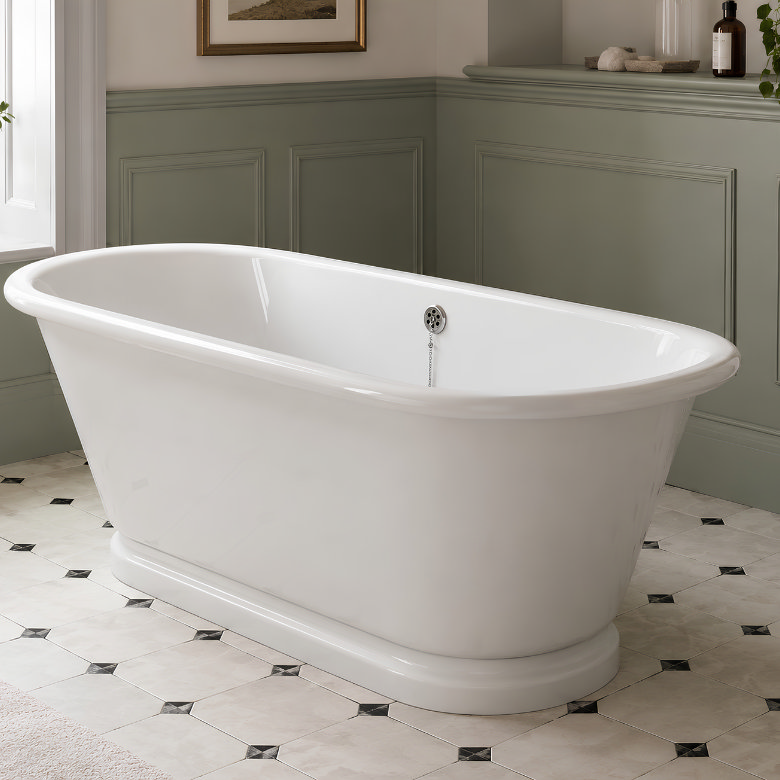 freestanding bateau bath in white with classic roll top design on patterned floor tiles