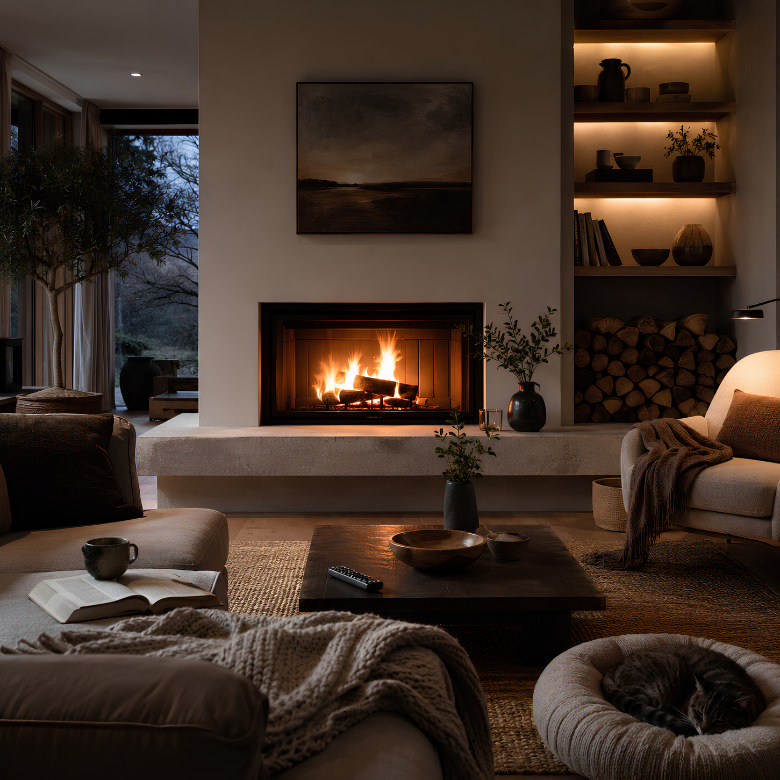 gas fire with burning logs in a cosy modern living room