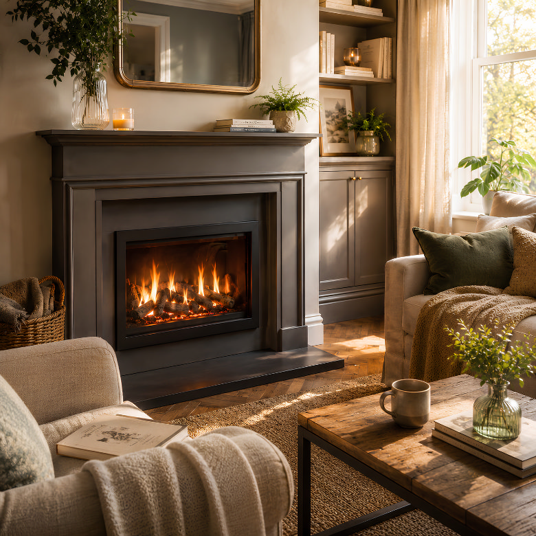 gas fire with glowing flames in a traditional living room fireplace