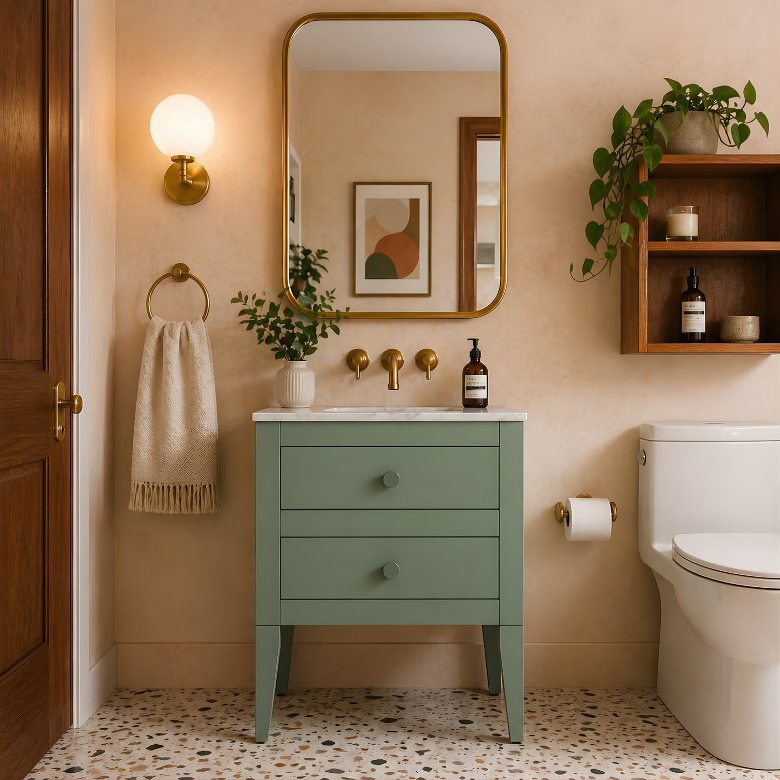 mid century modern bathroom vanity in sage green with brass taps, terrazzo floor and arched mirror
