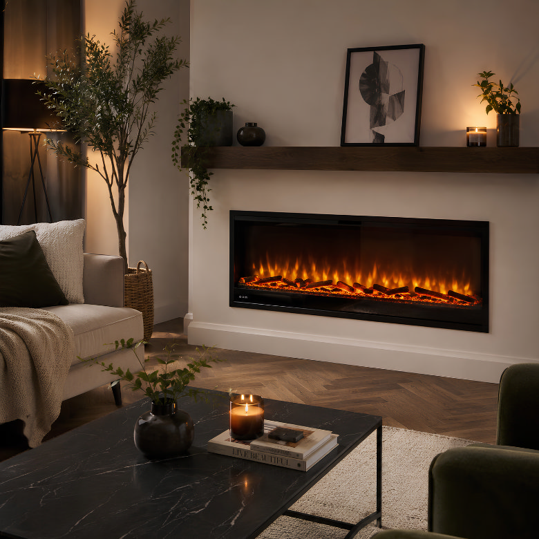 wall mounted electric fire with glowing log effect in a cosy modern living room