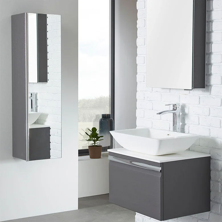 tall mirror cabinet in small cloakroom bathroom