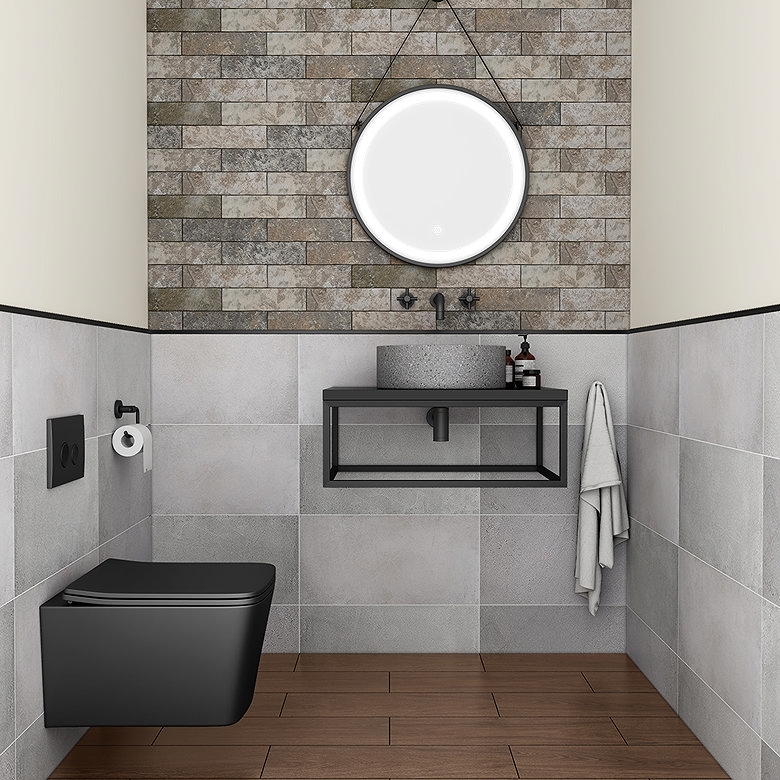 black cloakroom mirror with hanging strap