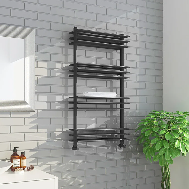 dark grey anthracite shelf towel rail on white tiles