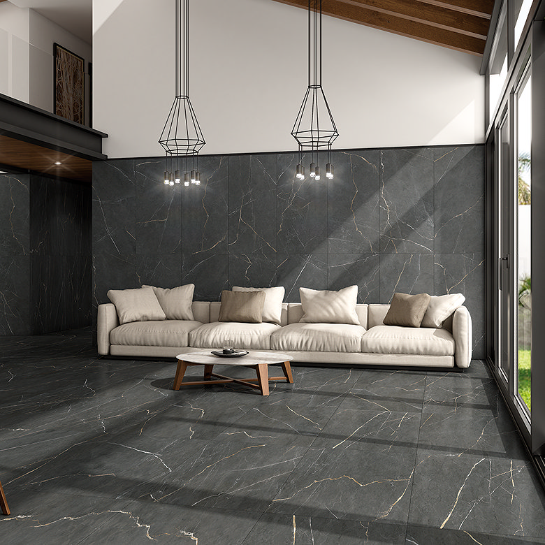 marble effect anthracite wall and floor tiles with cream sofa, white painted wall
