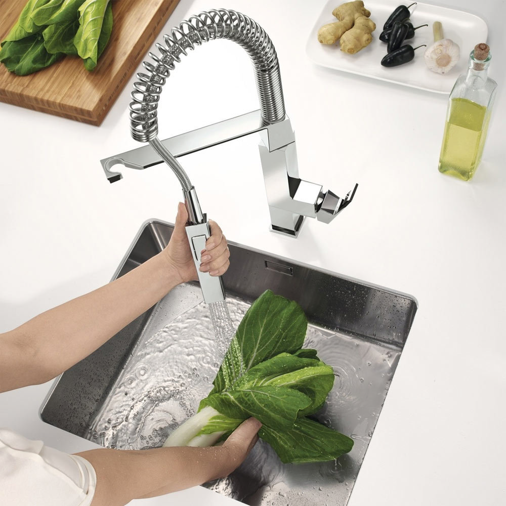 GROHE Eurocube Professional Kitchen Sink Mixer - Chrome - Positioned in a white minimalist kitchen