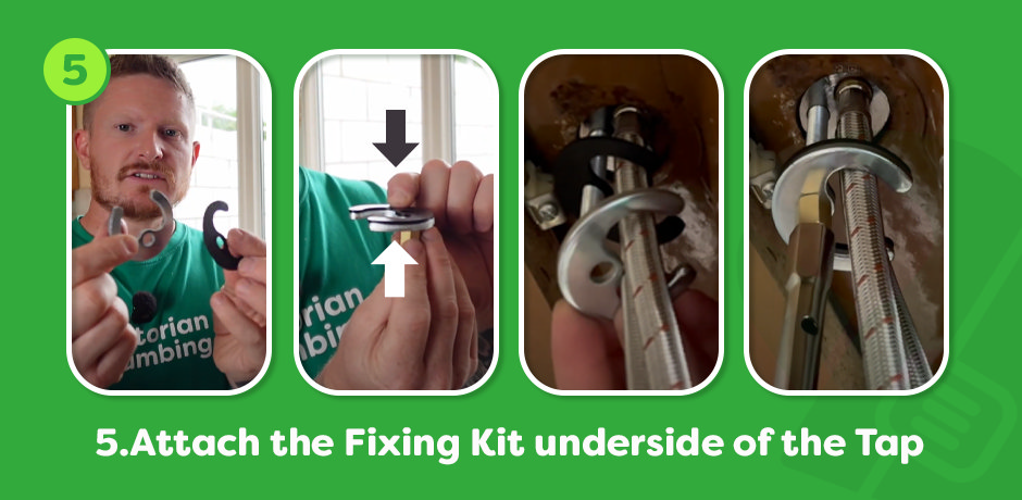 step five, attach fixing kit underside of tap